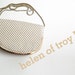 off white cream enamel beaded purse with leather interior with brass chain shoulder strap
