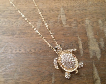 Gold Sea Turtle Necklace - Turtle Necklace - Rhinestone Turtle Necklace