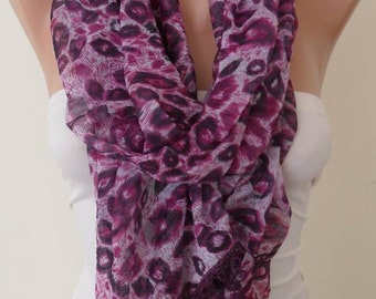 Fucshia and Purple - Ruffle Chiffon Scarf with Burgundy Trim Edge