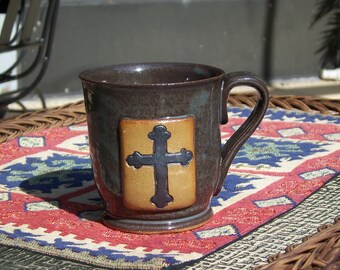 Stoneware mug in deep blue with Celtic Cross medallion