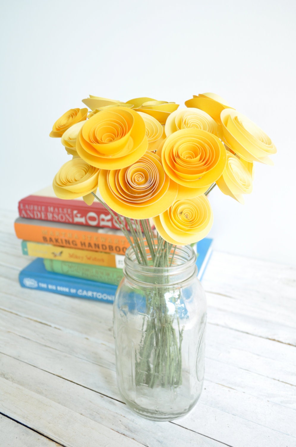 24 Yellow Paper Flowers on Stems- Bouquet of Paper Flowers- Yellow Home Decor