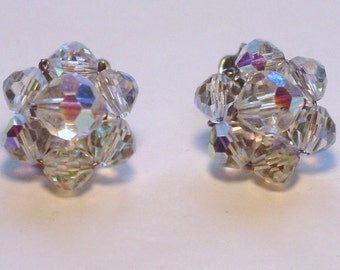 1950s Clear Aurora Borealis Clip On Earrings FREE SHIPPING