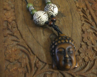 Wood buddha necklace , wood buddha pendant