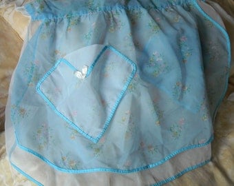 Vintage Organza Apron, Reversibile, Blue, White and Floral, Shabby Chic, 1960s