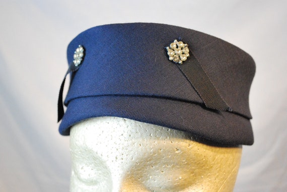 Vintage 60's Blue Pillbox Hat Stewardess Hat by Ahumblebeginning