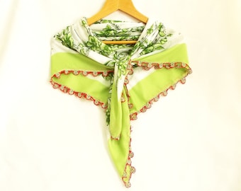 Scarf, Green, Floral big scarf, Square fabric scarf, Embellished with crochet flower, Yemeni, Authentic, Romantic, Viscose fabric shawl