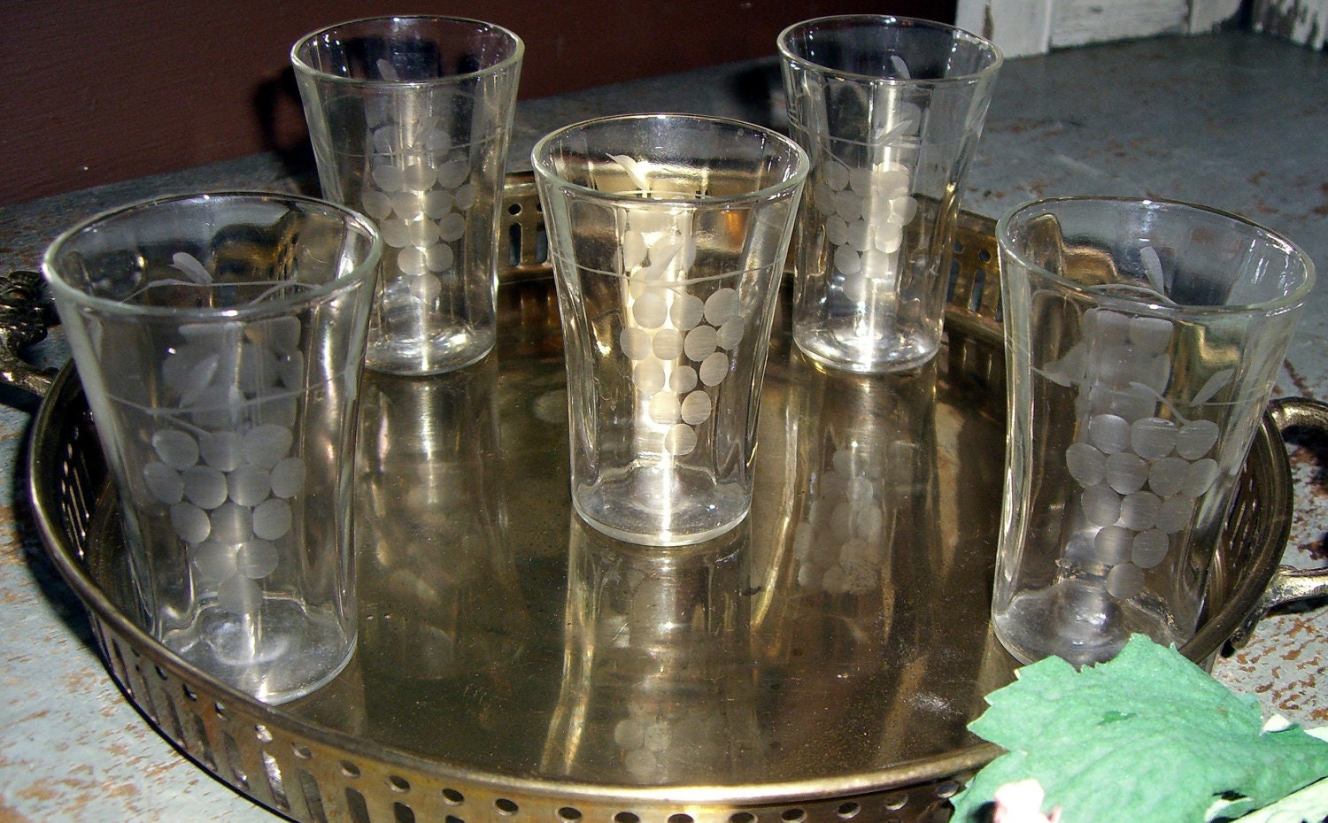 Vintage Shot Glasses Grapes Clear Glass Etched Classy Shot