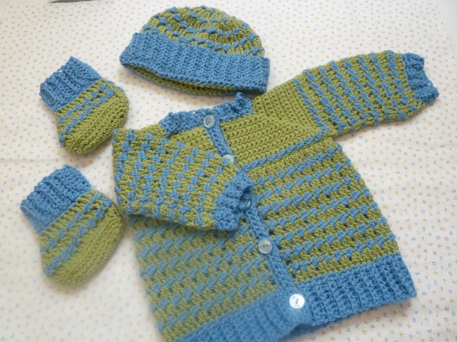 Baby boy crochet jacket hat and bootie layette set blue and