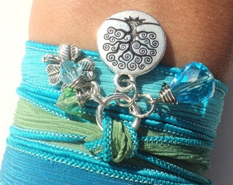 Tree of Life Silk Wrap Bracelet Hand Dyed Silk Wrap Yoga Jewelry Aqua Blue Good Luck Anklet Necklace Earthy Unique Gift Under 50 Item Z28