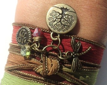 Silk Wrap Bracelet, Yoga, Jewelry, Tree of Life, Dragonfly, Om, Namaste, Bohemian Jewelry, Autumn, Fall, Fall Fashion, Unique Gift Under 50