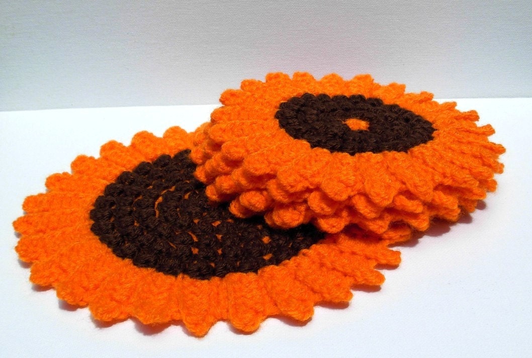 Sunflower Round Crochet Placemat Set of 5 Coasters by LaceGiraffe