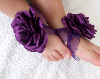 Purple Rose with Satin Fabric Baby Barefoot Sandals- Baby Sandals - Barefoot Sandals-Handmade Baby Sandals