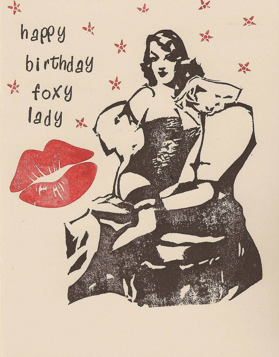 Sexy Foxy Lady Pin Up Happy Birthday Handstamped By Awkwardmoment