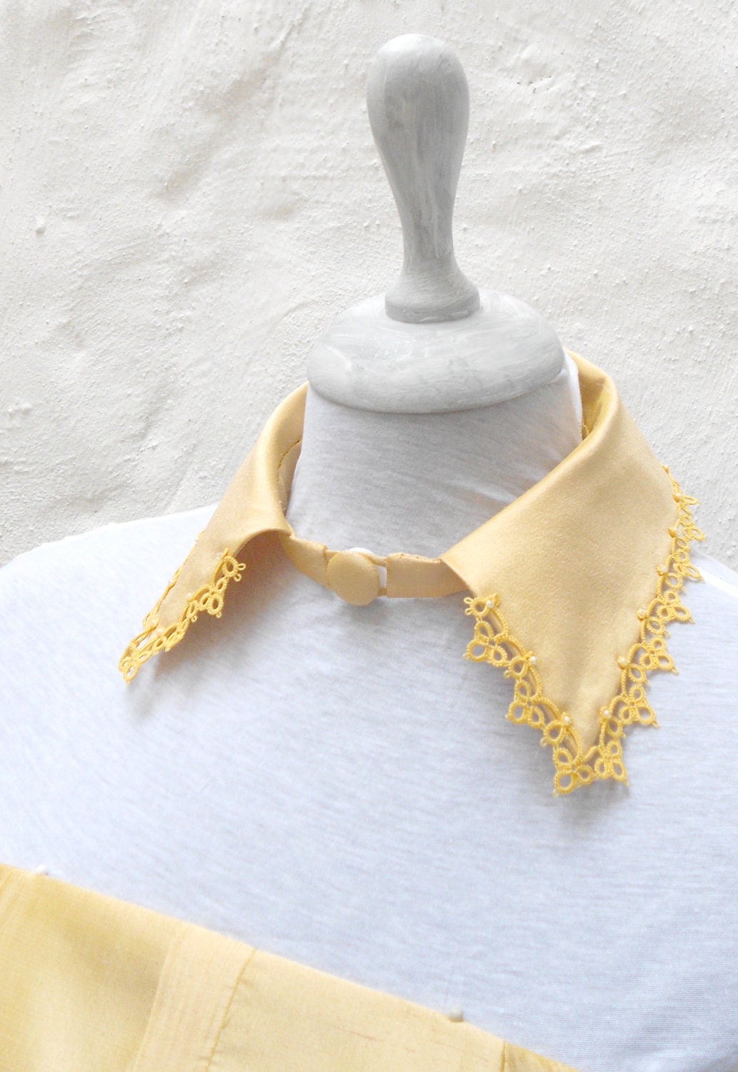 Yellow collar necklace french silk dupion with tatted lace