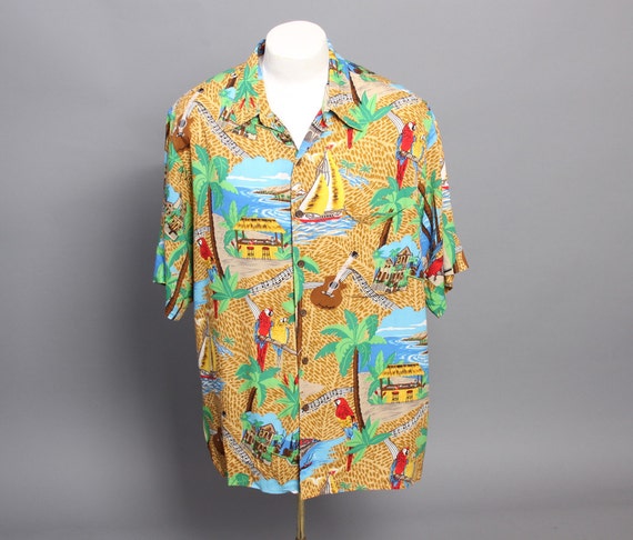 90s JIMMY BUFFETT Hawaiian SHIRT / Margaritaville Rayon Parrot