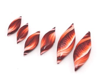 Leaf shaped beads in maroon, red, orange and white, Polymer Clay beads, unique pattern, set of 6 beads, Marquise beads