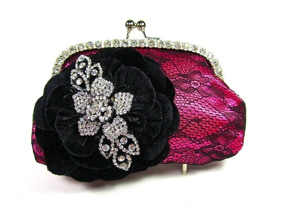 Hot Pink Lace Floral Rhinestone Bridal Clutch Wedding Purse