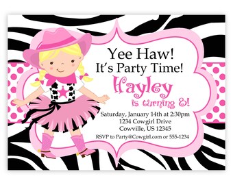 Cowgirl Birthday Invitation - Hot Pink, Zebra Print, Polka Dot Girl Cowgirl Personalized Birthday Party Invite - a Digital Printable File