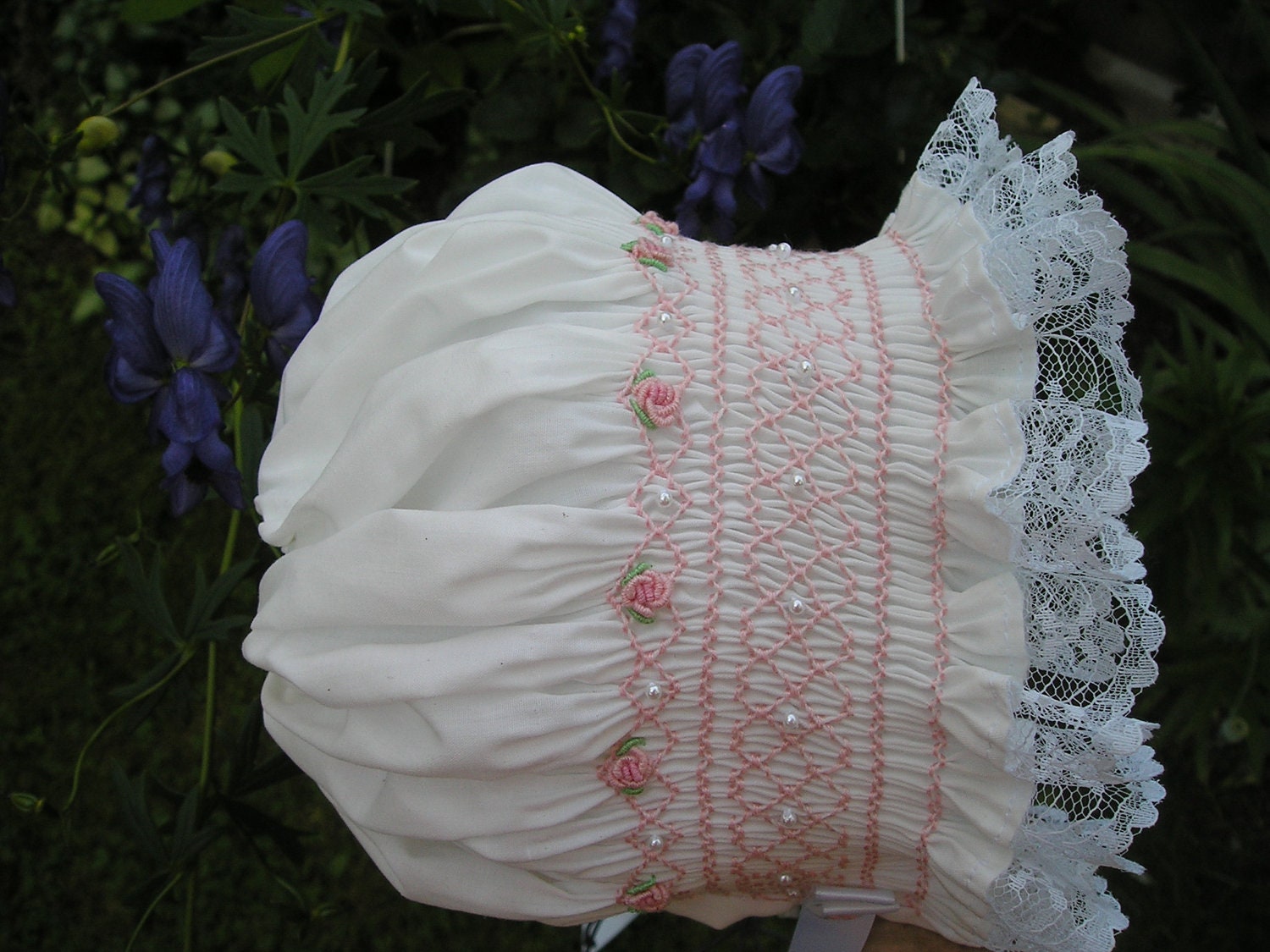 Smocked baby bonnet...Heirloom...Newborn...Reborn