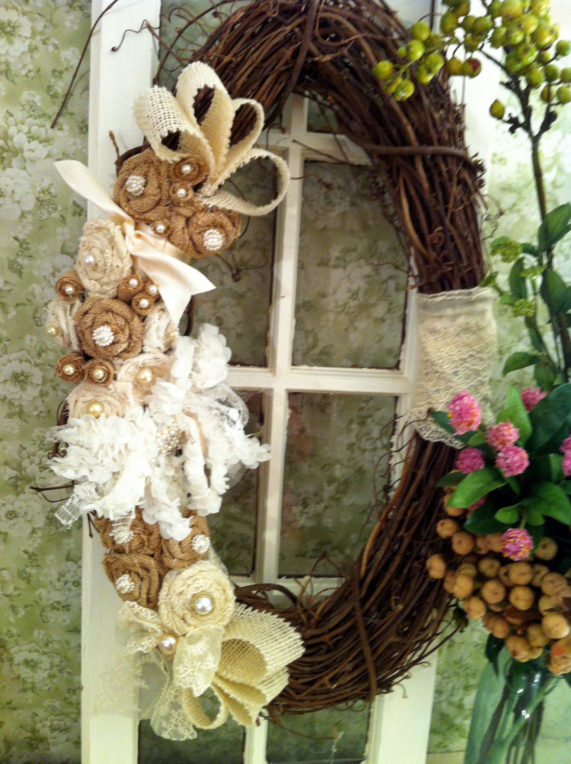 Burlap Lace Bow Grapevine Wreath OOAK