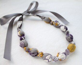 Fabric Necklace, Chomping, Teething, Nursing Necklace - Purple and Gold flowers