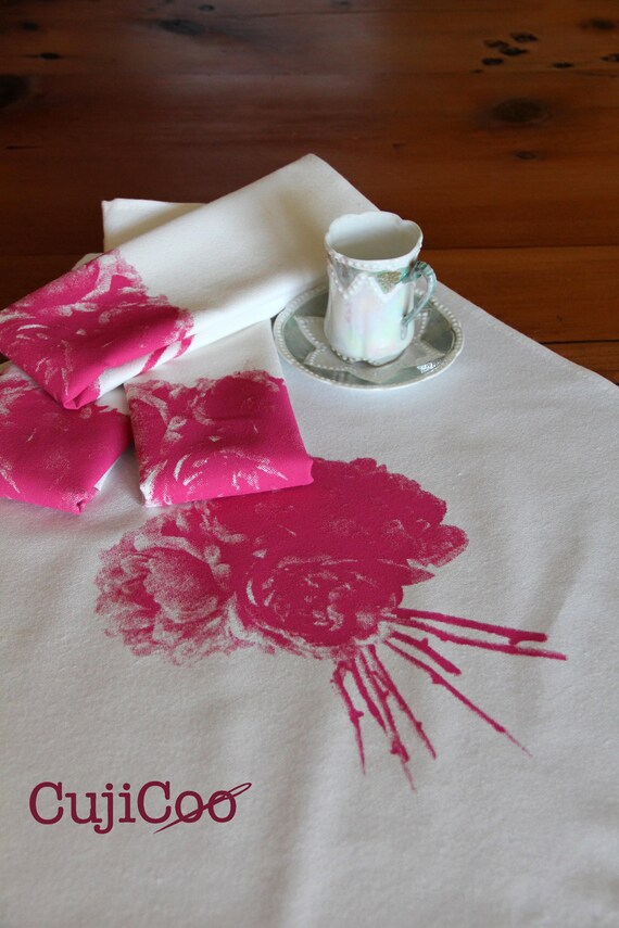 Cotton Napkins Screen printed with Peonies on white 100