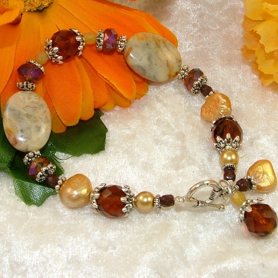 Items similar to Crazy Lace Agate Beaded Bracelet with Dangles on Etsy