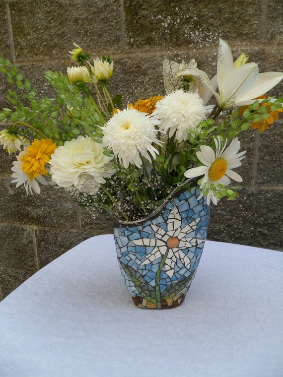 Items similar to Mosaic Vase with White Daisiesdaisy vase, gift