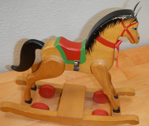 Vintage Hand Painted Wood Rocking Horse Pull Toy by 3DeanSalad