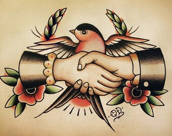 Swallow Handshake Traditional Tattoo Flash