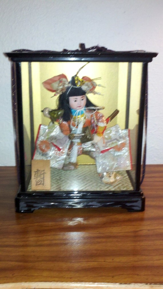 Vintage Japanese Warrior Doll in Glass Case