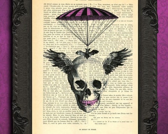 Steampunk skull, halloween skull wings parachute, vintage dictionary art print, skull wall hanging, purple gothic decor