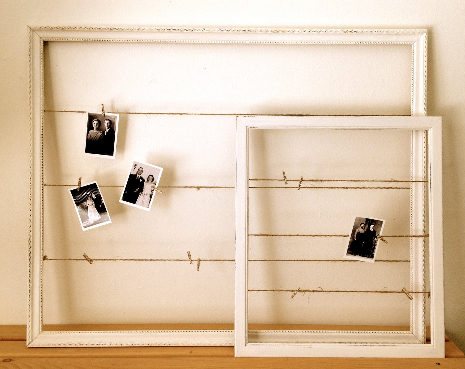 White Picture Frame with Twine and Sparkly Clothespins Larger