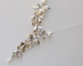 Triple Orchid Necklace. Pearl Necklace. Wedding Necklace. Bridesmaid Necklace. Bridal Necklace.