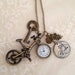 Pendant Necklace: Bicycle Pocket Watch with Charms, Antique Bronze.