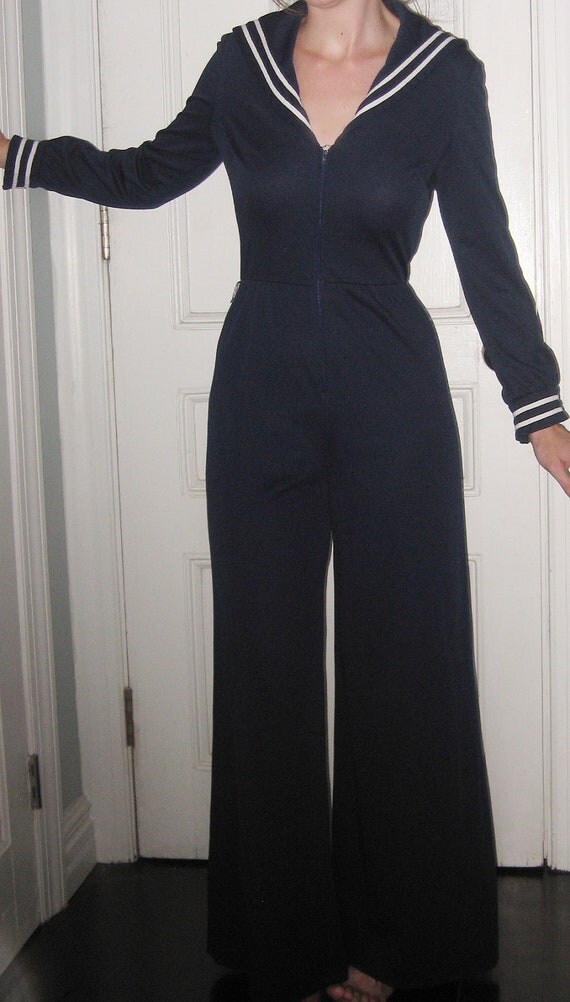 1970s Navy Polyester Nautical Sailor Jumpsuit by PopDojoVintage