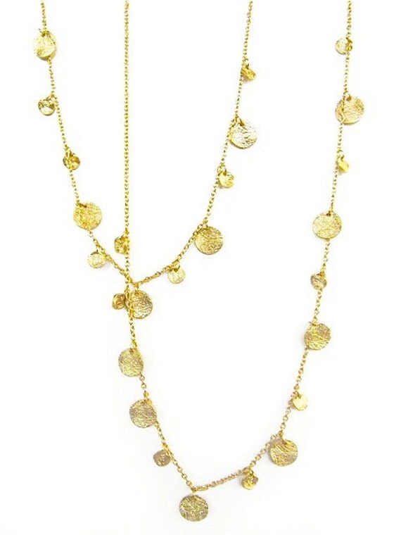 Gold Circles Multi Disk Necklace Extra Long Cascading Design