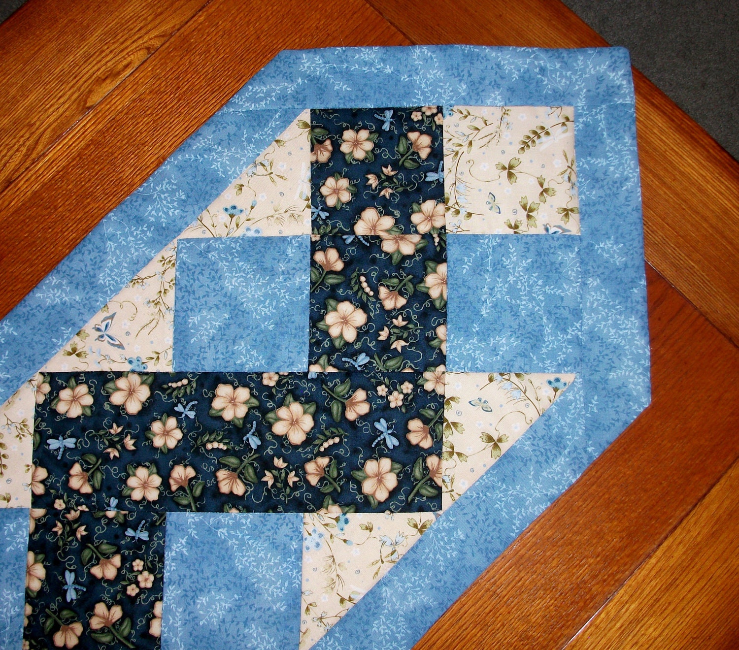 Quilted Table Runner Blue ZigZag Reversible