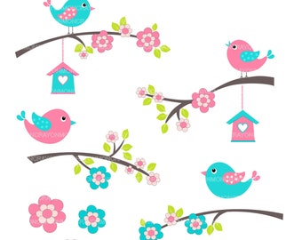 birds clip art , flowers clip art , blue, teal, pink , Colourful Spring Birds and Flowers branch Digital clip art