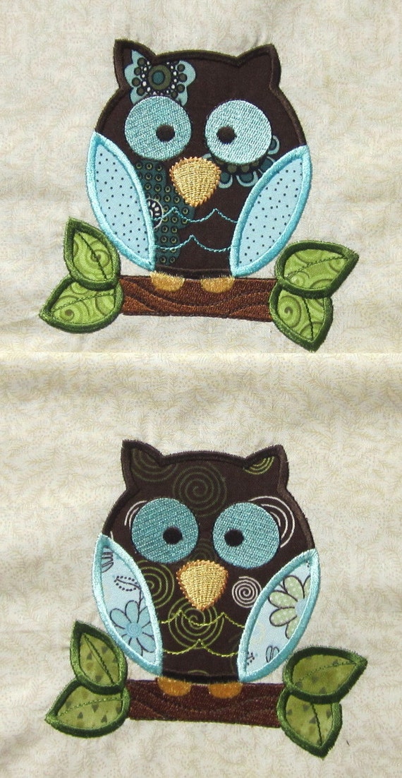 Pair of Adorable Appliqued Owl Quilt Blocks