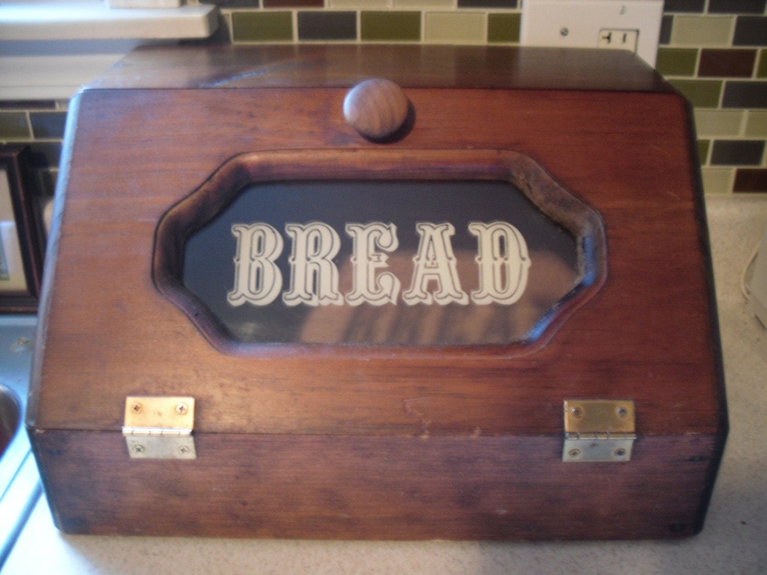 Vintage Wood Bread Box Glass Window Labeled Bread