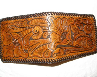 Hand-Tooled Leather Wallet / Tan Cactus Flower