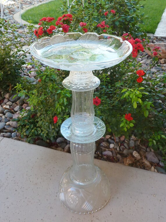 Items similar to Handmade Vintage Garden Glass Birdbath Clear Glass
