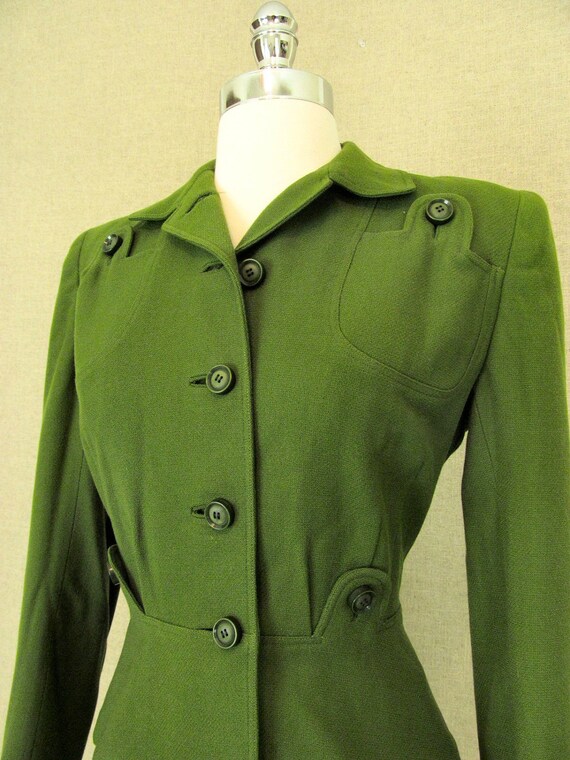 Vintage 1940s Green Wool Suit / 1940s Green Military Style