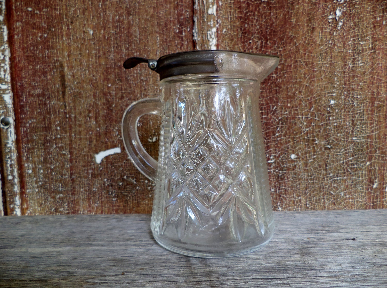 Vintage Glass Syrup Pitcher with Tin Lid by zippitydoodle on Etsy