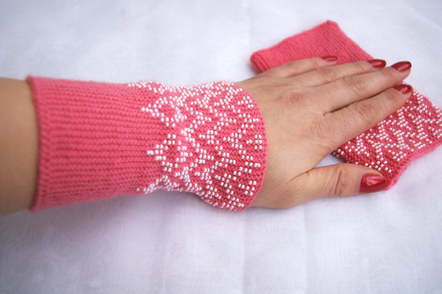 Beaded Rose Wrist warmers cuffs Pink Passion with white