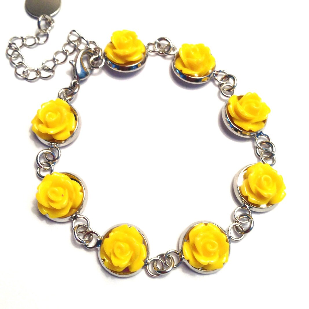 Lemon Yellow Rose Bracelet Bright Resin / Cabochon Flowers