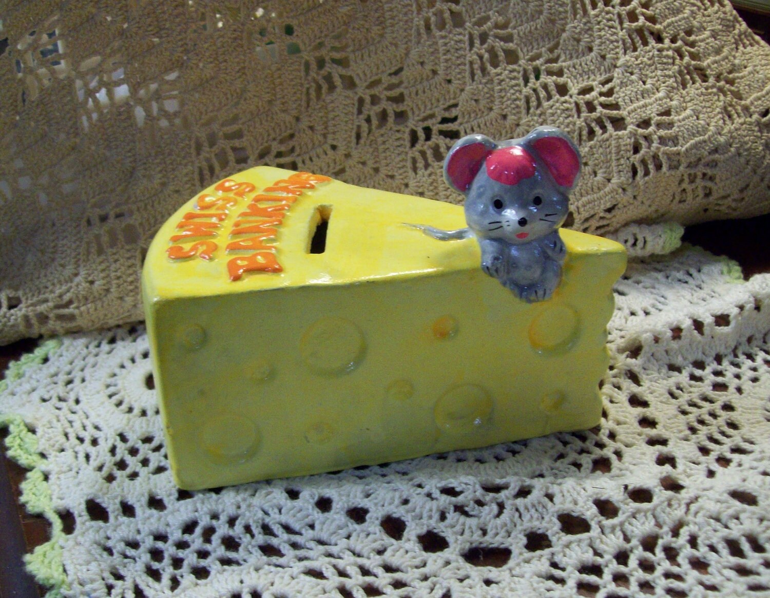 Vintage Ceramic Swiss Cheese Bank Mouse by Raidersoflostloot