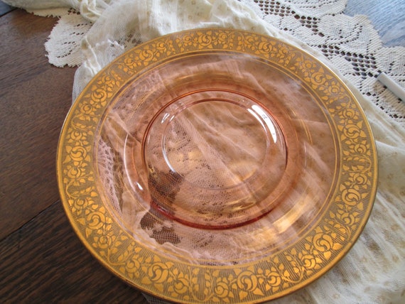 Pink Depression Glass Plate With 1 Gold Floral Border