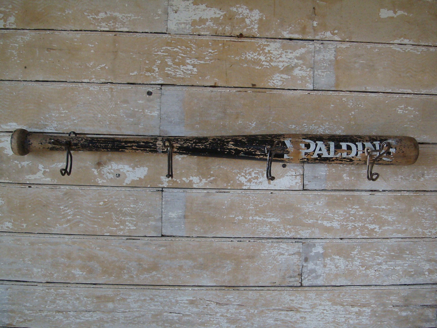 Wooden Vintage Baseball Bat Cap or Coat Rack Antique Hooks